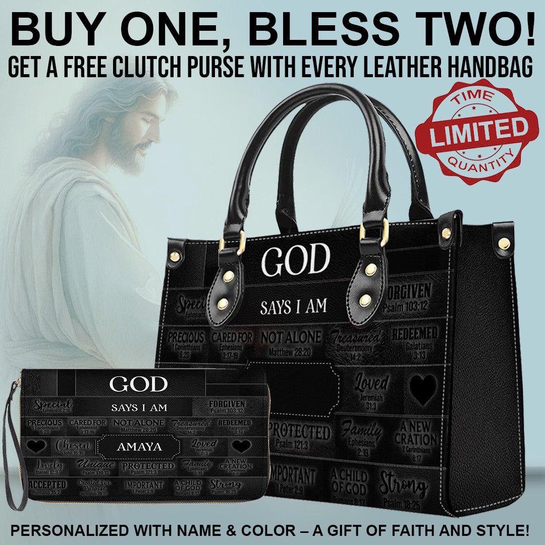 CHRISTIANARTBAG Bible Cover - GOD Says I Am - Free Clutch Purse with Personalized Leather Handbag.