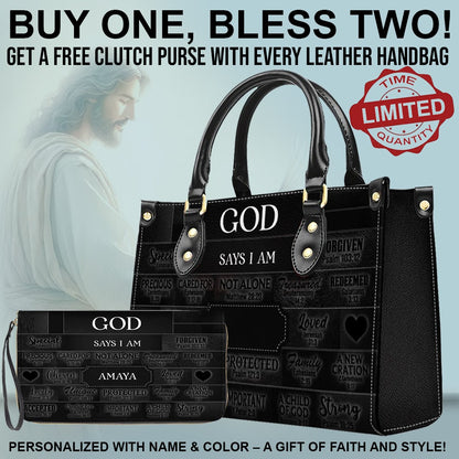 CHRISTIANARTBAG Bible Cover - GOD Says I Am - Free Clutch Purse with Personalized Leather Handbag.