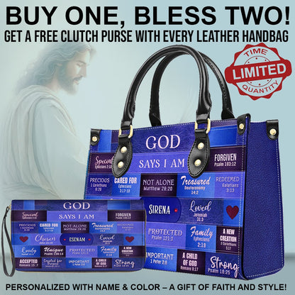 CHRISTIANARTBAG Bible Cover - GOD Says I Am - Free Clutch Purse with Personalized Leather Handbag.