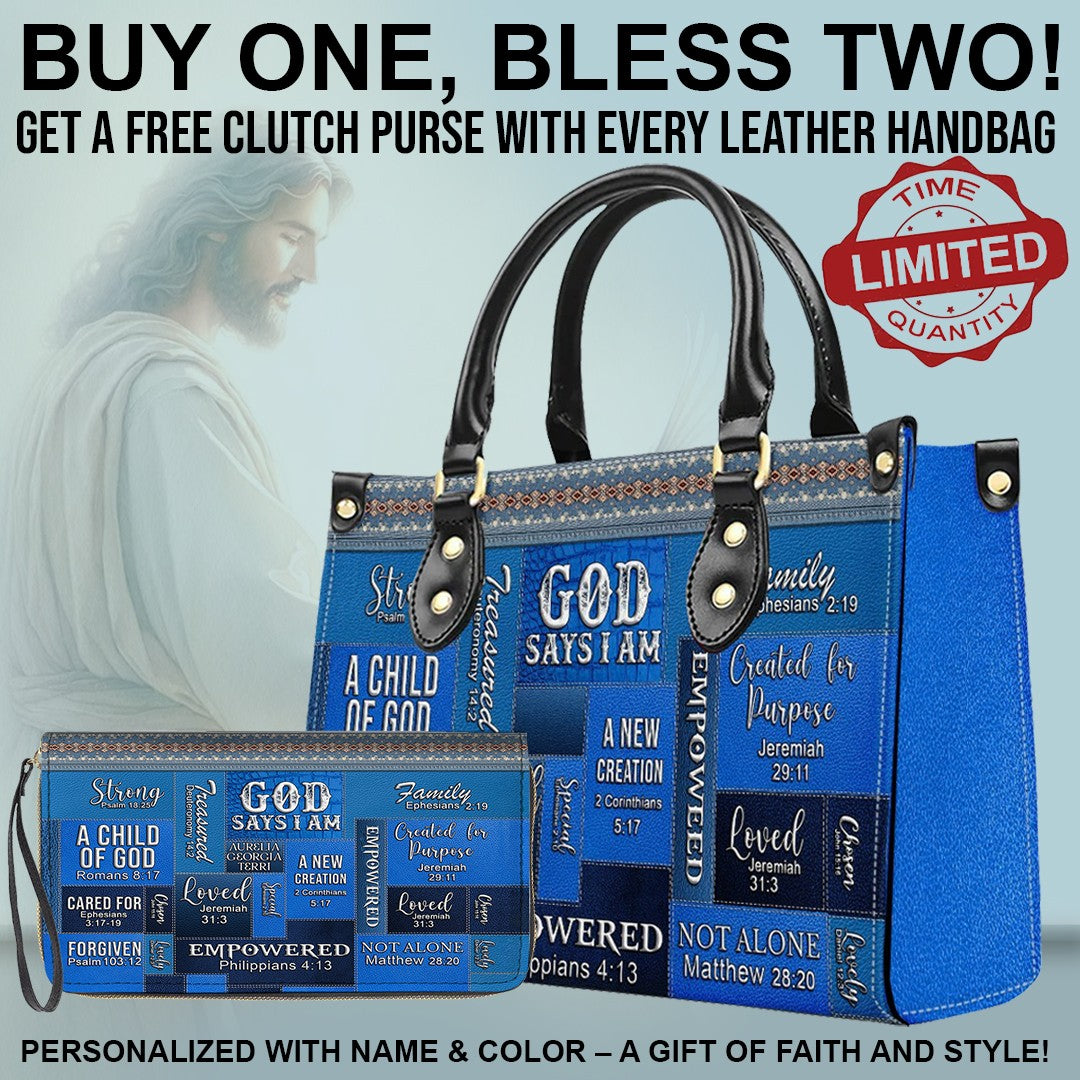 CHRISTIANARTBAG Bible Cover - GOD Says I Am - Free Clutch Purse with Personalized Leather Handbag.