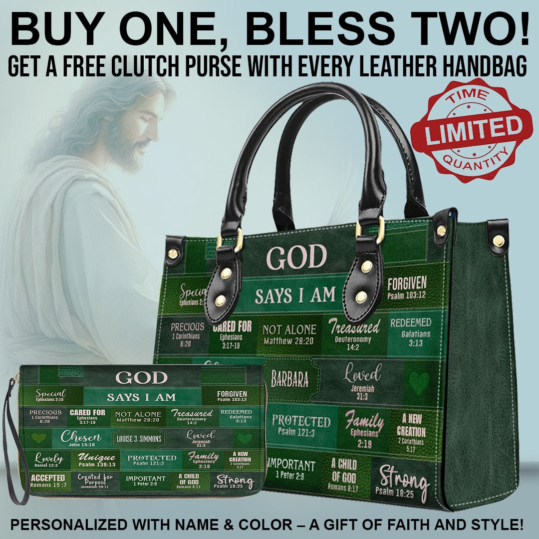 CHRISTIANARTBAG Bible Cover - GOD Says I Am - Free Clutch Purse with Personalized Leather Handbag.