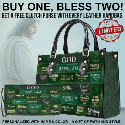 CHRISTIANARTBAG Bible Cover - GOD Says I Am - Free Clutch Purse with Personalized Leather Handbag.