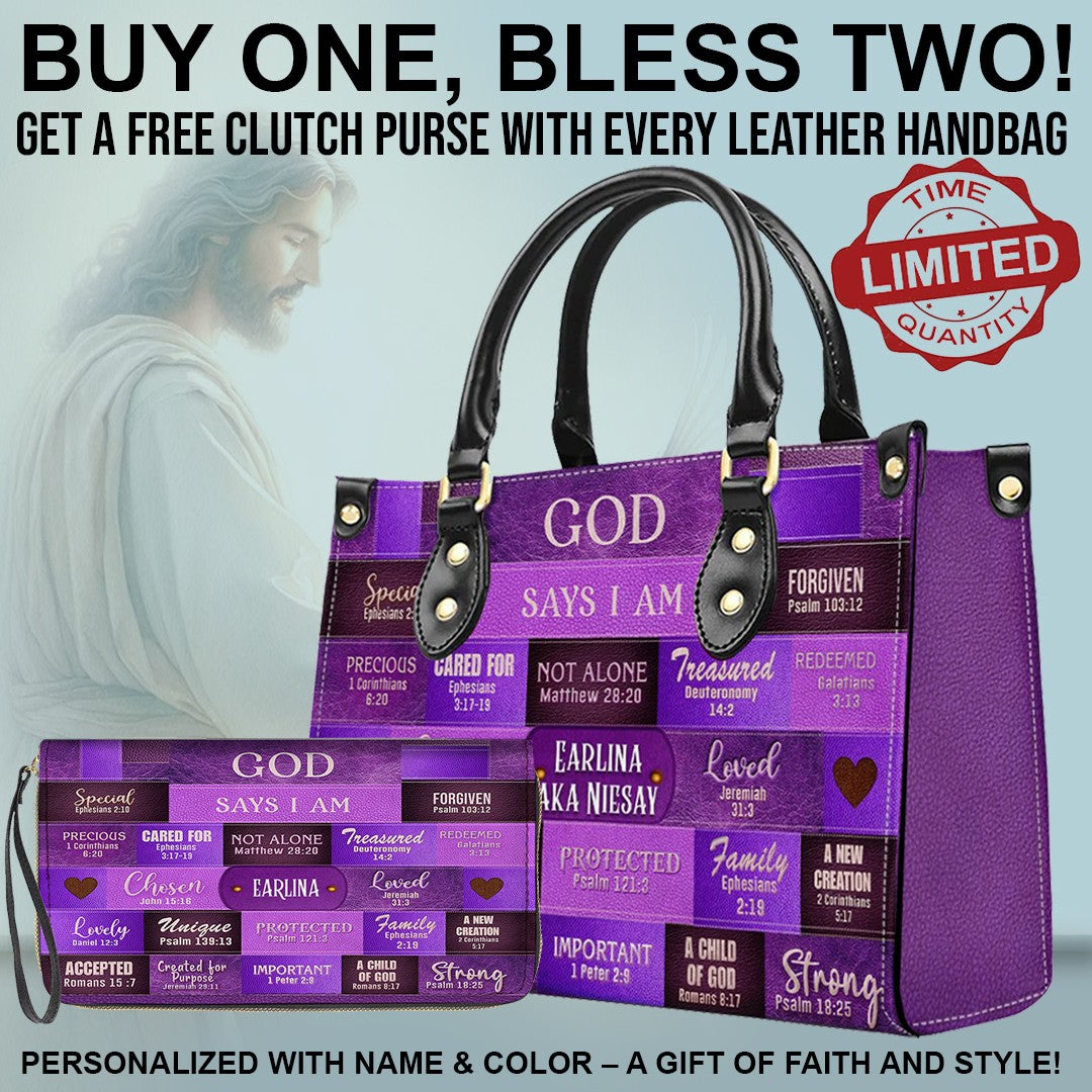 CHRISTIANARTBAG Bible Cover - GOD Says I Am - Free Clutch Purse with Personalized Leather Handbag.