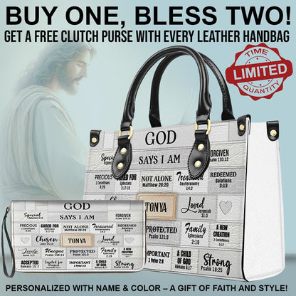 CHRISTIANARTBAG Bible Cover - GOD Says I Am - Free Clutch Purse with Personalized Leather Handbag.
