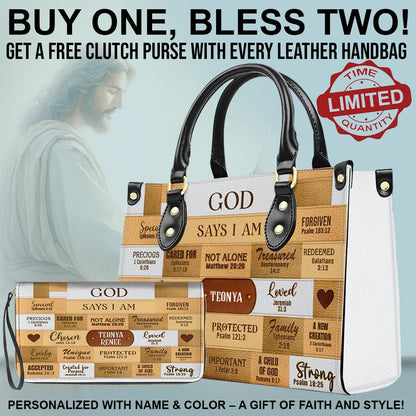 CHRISTIANARTBAG Bible Cover - GOD Says I Am - Free Clutch Purse with Personalized Leather Handbag.