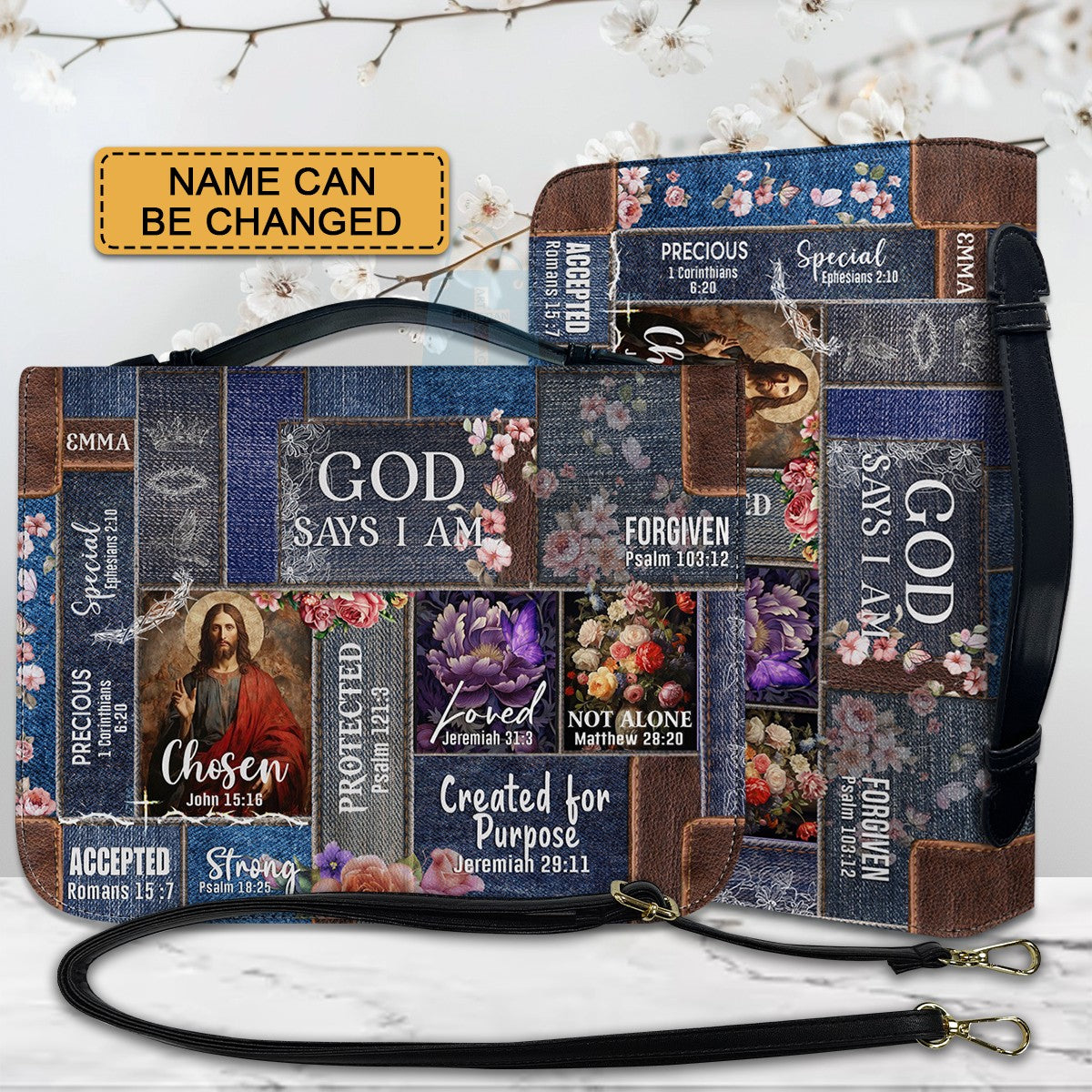 Personalized Leather Bible Cover – “God Says I Am” Design with Custom Name & Bible Verses – Christian Gift for Women