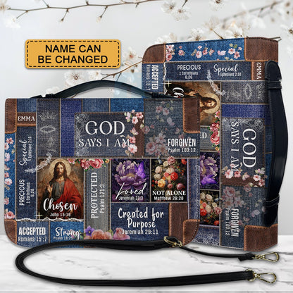 Personalized Leather Bible Cover – “God Says I Am” Design with Custom Name & Bible Verses – Christian Gift for Women