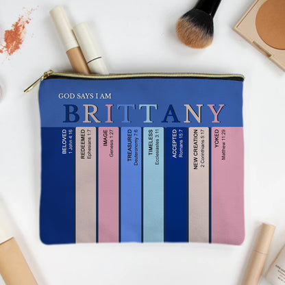 Personalized Christian Makeup Bag – Custom Name Bible Verse Cosmetic Pouch | God Says I Am Gift for Women