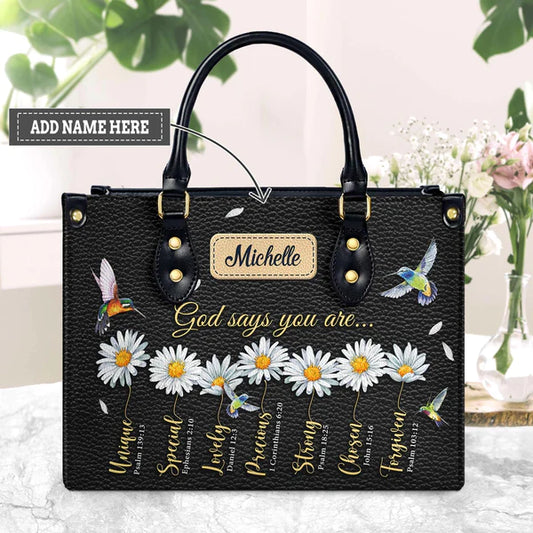 Christianart Designer Handbags, God Says You Are Daisy Hummingbird, Personalized Gifts, Gifts for Women. - Christian Art Bag