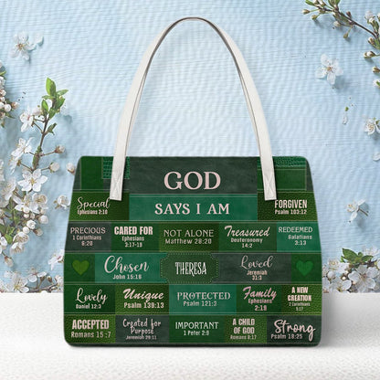Personalized Christian Handbag – God Says I Am Leather Tote with Custom Name & Color | CHRISTIANARTBAG