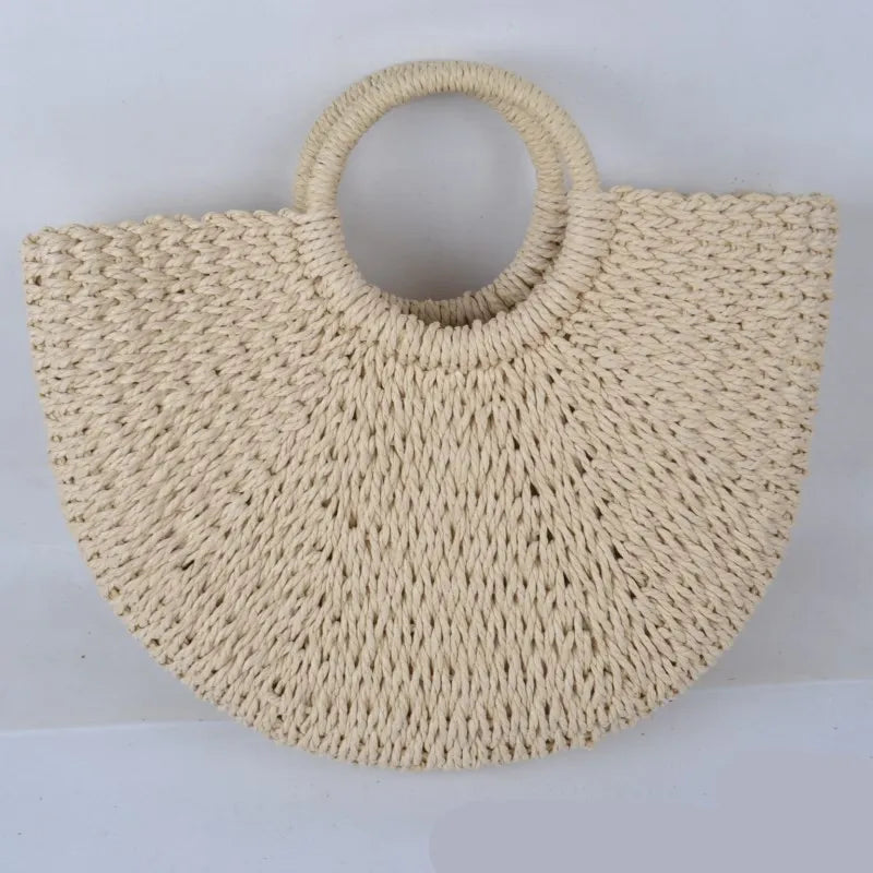 Christianartbag Handmade Bag, Summer & Autumn Handmade Bags for Women Beach Weaving Ladies Straw Bag Wrapped Beach Bag Moon shaped Top Handle Handbags Totes, CABHMB04141023. - Christian Art Bag