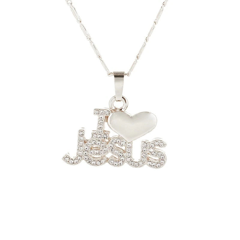 Christianartbag Jewelry, Trendy Letter I LOVE JESUS Shape Pendant Necklace Women's Necklace Bohemian Crystal Inlaid Pendant Religious Accessories Jewelry,CABJWL04270723 - Christian Art Bag