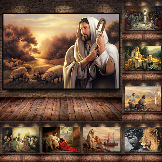Christianartbag Home Decor, Christian God Famous Painting Jesus Herding The Sheep Canvas Posters and Prints Wall Art Pictures for Living Room Deor Cuadros - Christian Art Bag