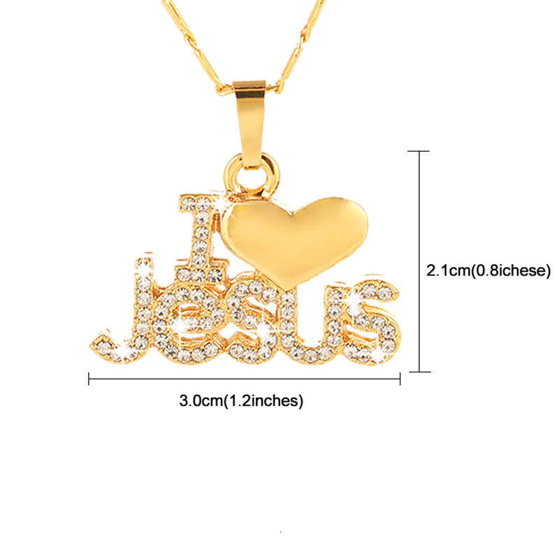 Christianartbag Jewelry, Trendy Letter I LOVE JESUS Shape Pendant Necklace Women's Necklace Bohemian Crystal Inlaid Pendant Religious Accessories Jewelry,CABJWL04270723 - Christian Art Bag