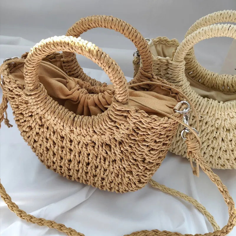 Christianartbag Handmade Bag, Summer & Autumn Handmade Bags for Women Beach Weaving Ladies Straw Bag Wrapped Beach Bag Moon shaped Top Handle Handbags Totes, CABHMB04141023. - Christian Art Bag