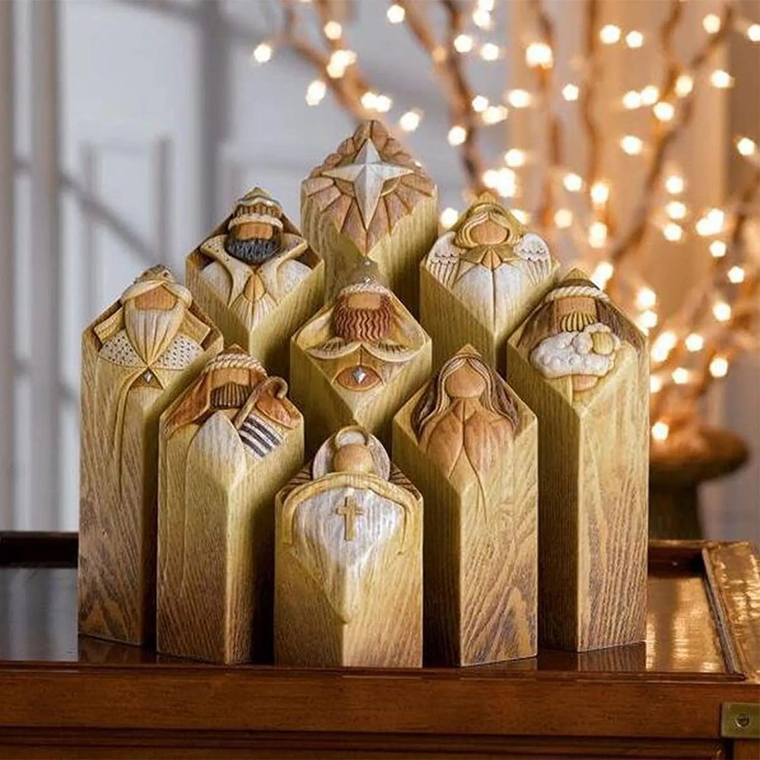 Christianartbag Home Decor, Heaven Nativity Tree Pillar Statues 9 Pcs Set of Wooden Collection Figurines of Pillars of Nativity Setcolumn Statues Decoration - Christian Art Bag