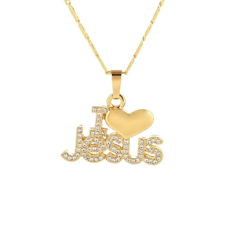 Christianartbag Jewelry, Trendy Letter I LOVE JESUS Shape Pendant Necklace Women's Necklace Bohemian Crystal Inlaid Pendant Religious Accessories Jewelry,CABJWL04270723 - Christian Art Bag