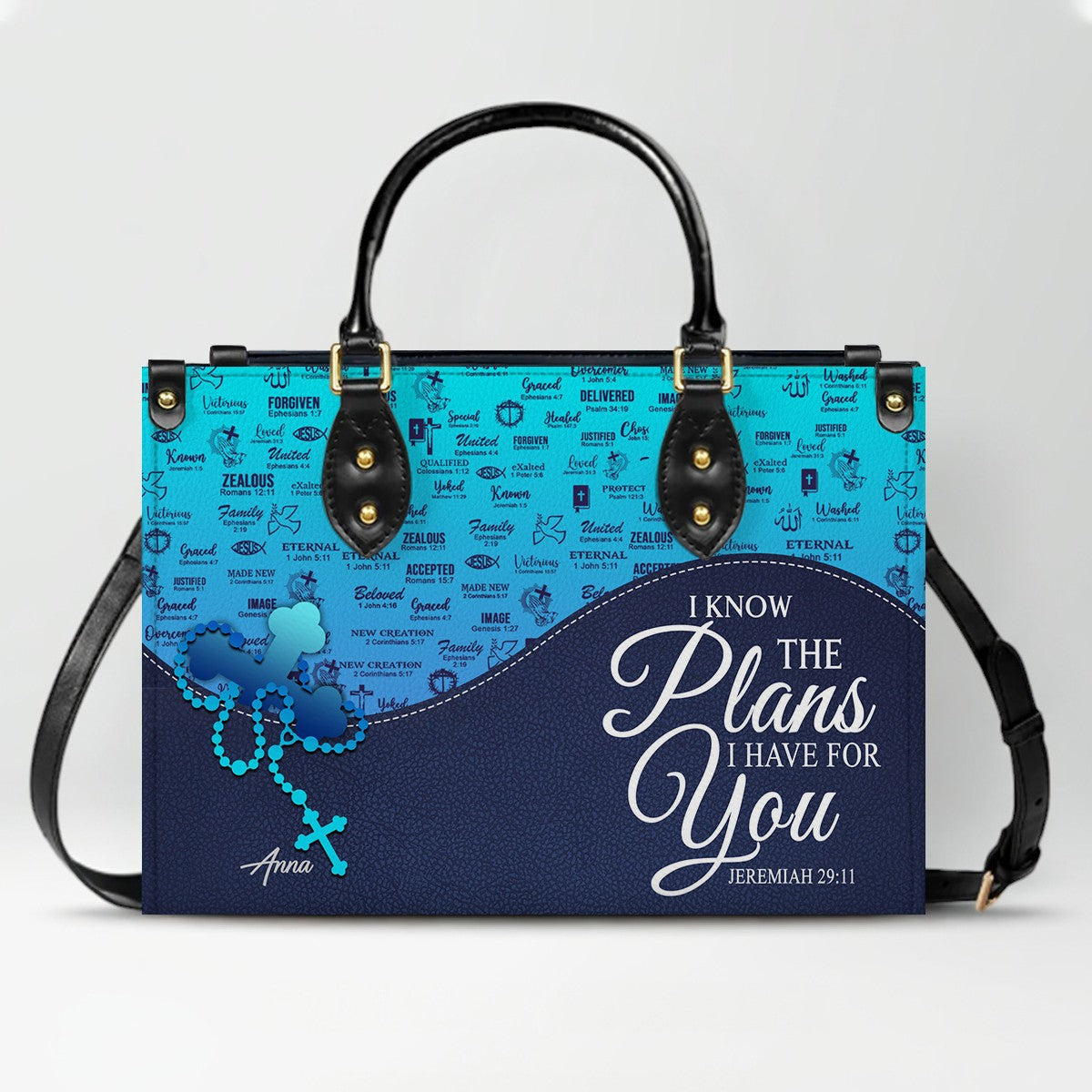 Sapphire Blue Personalized Leather Handbag – Christian Handbag with Bible Verses | Elegant Faith-Inspired Handbag