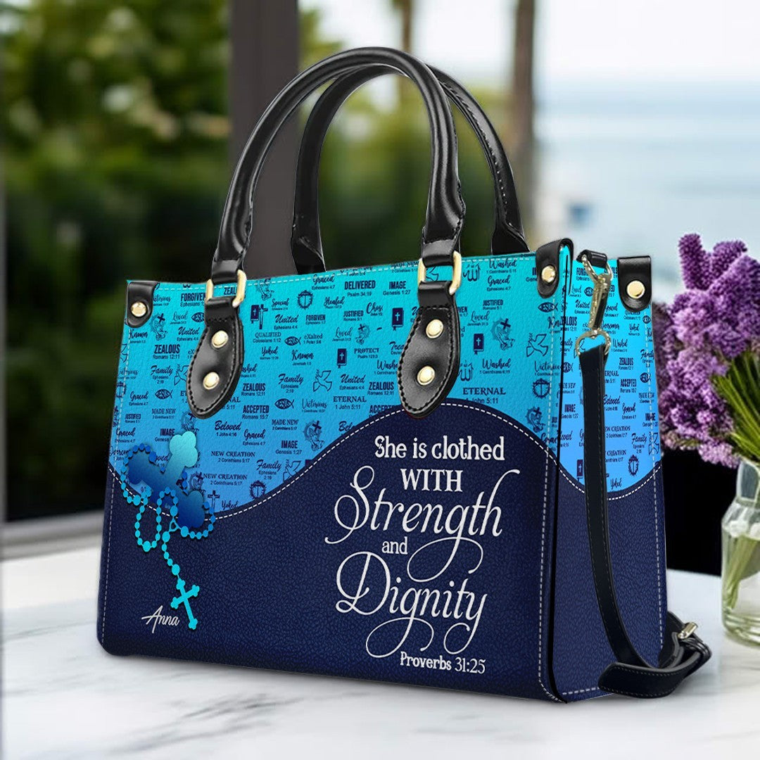 Sapphire Blue Personalized Leather Handbag – Christian Handbag with Bible Verses | Elegant Faith-Inspired Handbag