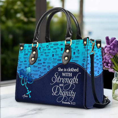 Sapphire Blue Personalized Leather Handbag – Christian Handbag with Bible Verses | Elegant Faith-Inspired Handbag