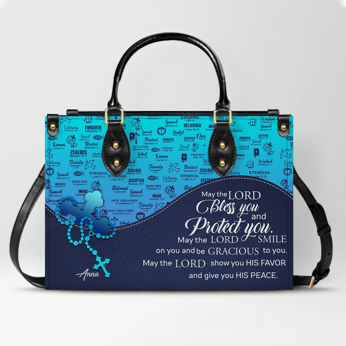 Sapphire Blue Personalized Leather Handbag – Christian Handbag with Bible Verses | Elegant Faith-Inspired Handbag