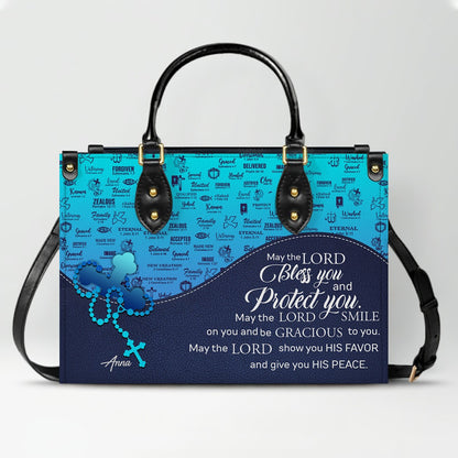 Sapphire Blue Personalized Leather Handbag – Christian Handbag with Bible Verses | Elegant Faith-Inspired Handbag