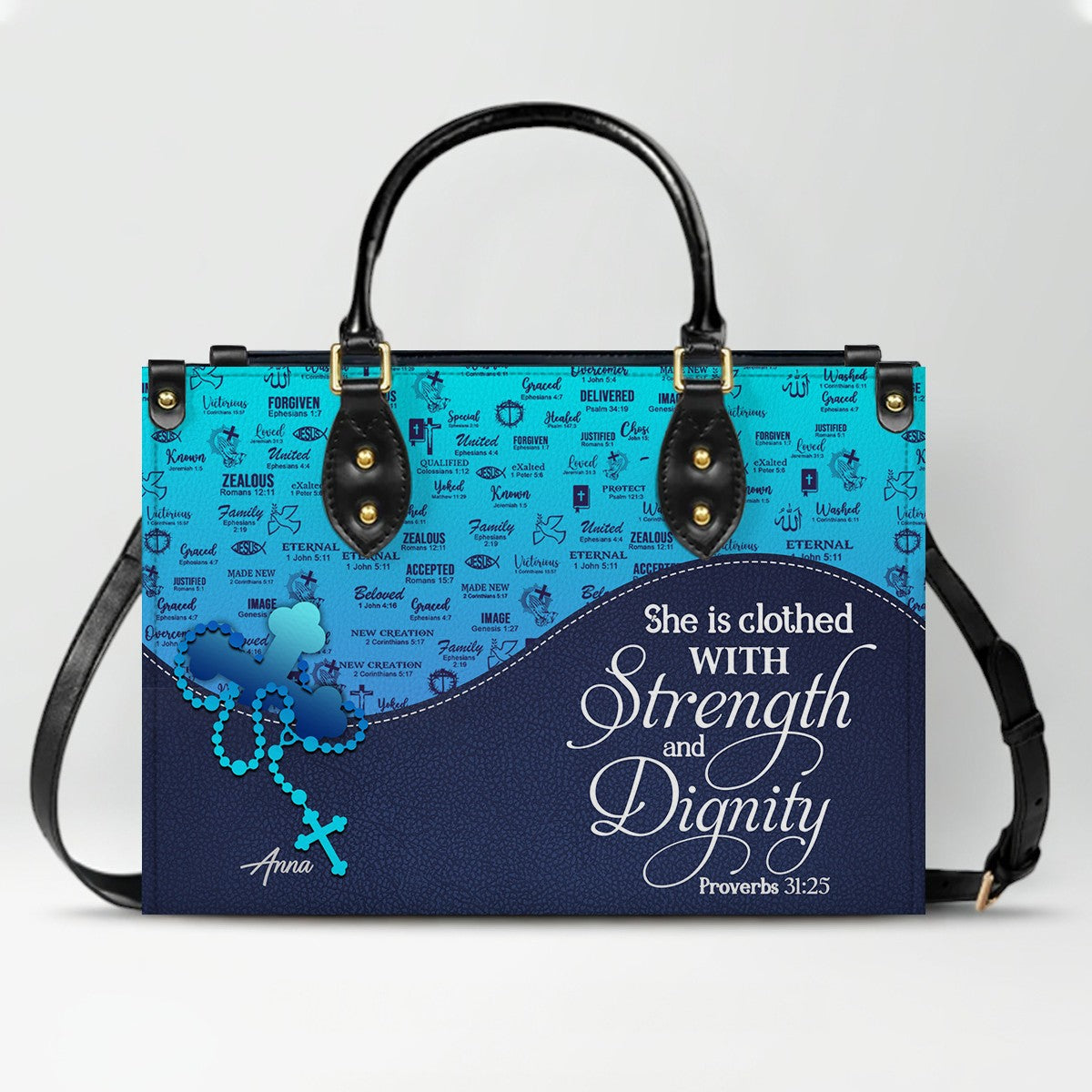 Sapphire Blue Personalized Leather Handbag – Christian Handbag with Bible Verses | Elegant Faith-Inspired Handbag