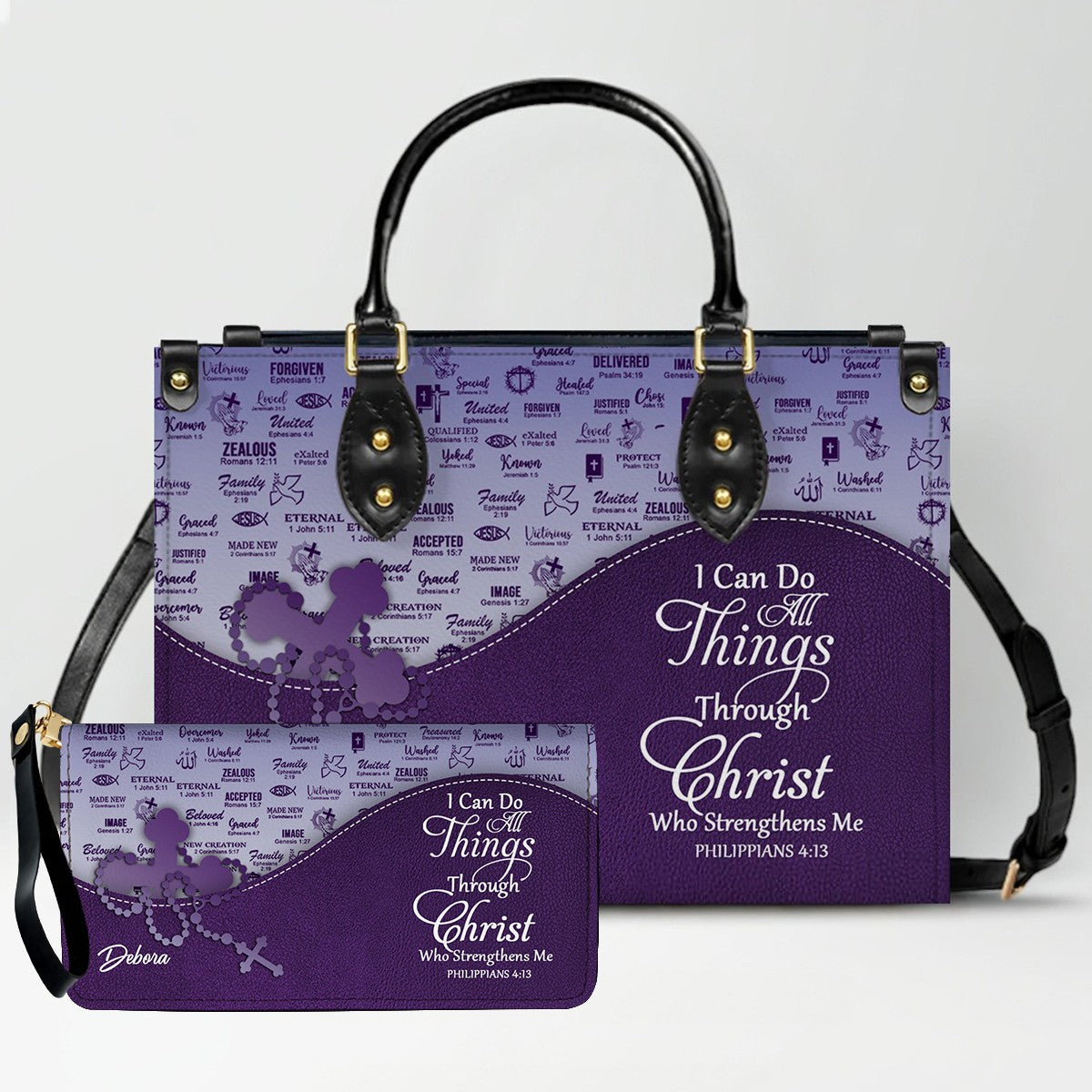 Personalized Christian Leather Handbag and Long Wallet Set – Custom Name, Faith-Inspired Gift for Women