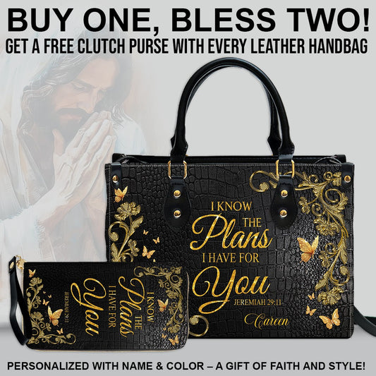 CHRISTIANARTBAG Bible Cover - I Know The Plans I Have For You - Free Clutch Purse with Personalized Leather Handbag - CAB060625