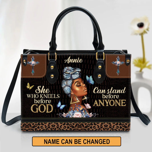 Christianart Designer Handbags, She Who Kneels Before God Can Stand Before Anyone, Personalized Gifts, Gifts for Women. - Christian Art Bag