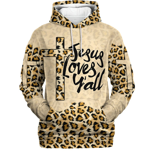 Christianartbag Clothing, Jesus Loves Y'all Cross Leopard, Christian 3D T-Shirt, Christian 3D Hoodie, Christian 3D Sweater, Personalized Hoodies. - Christian Art Bag