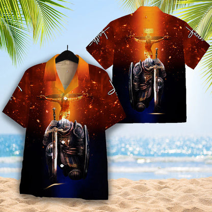 Christianartbag Hawaiian Shirt, Kneeling Knight Faith Jesus Cross Hawaiian ShirtS, Christian Hawaiian Shirts For Men & Women. - Christian Art Bag