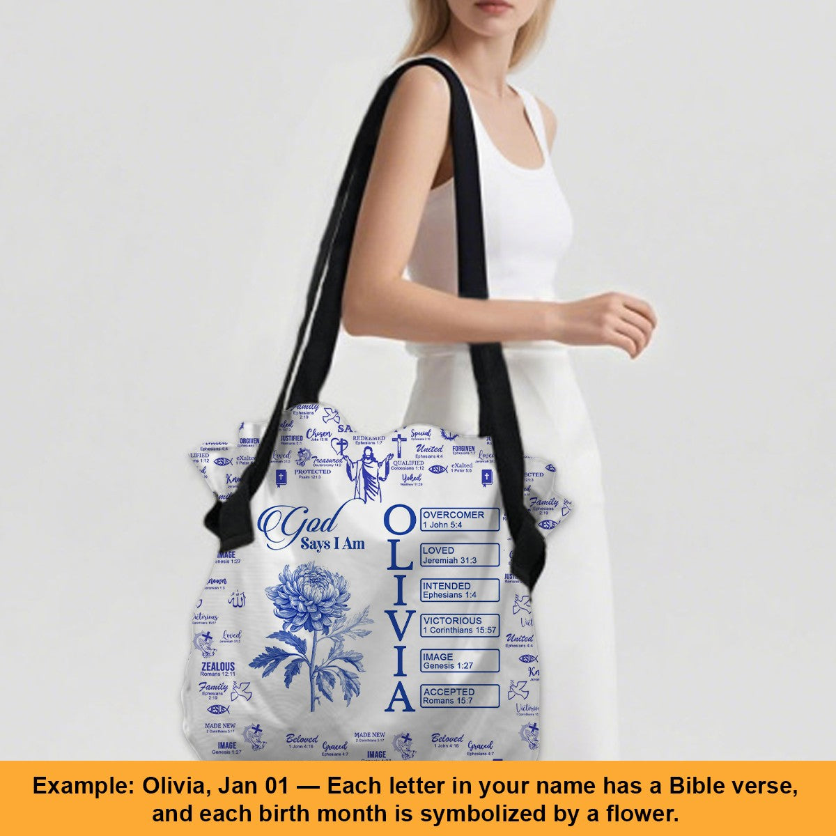 Personalized Christian Tote Bag – Large Oxford Fabric Shoulder Bag with Custom Name, Bible Verses & Birth Flower – CHRISTIANARTBAG
