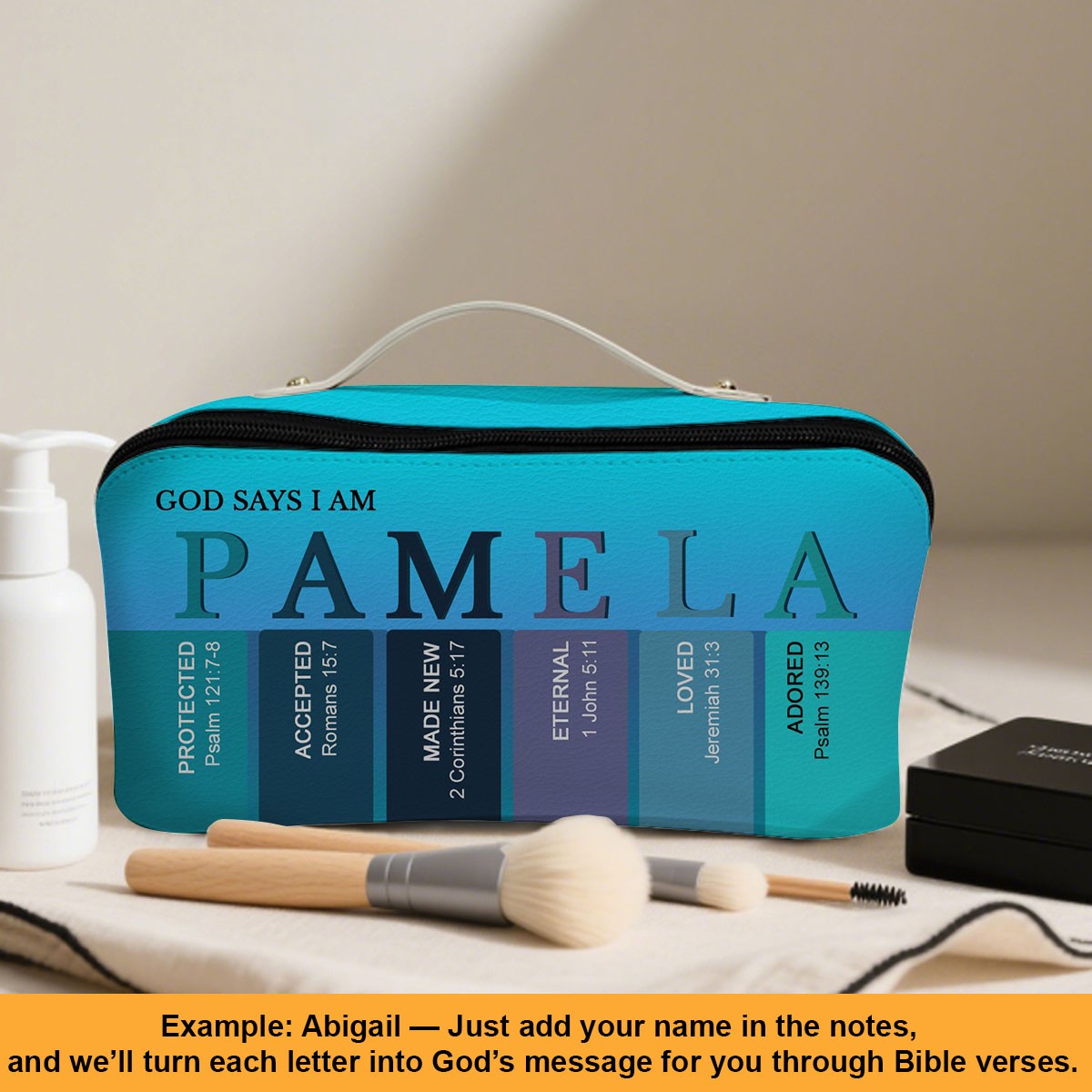 Personalized Christian Makeup Bag with Bible Verses – Custom Name Cosmetic Pouch by CHRISTIANARTBAG