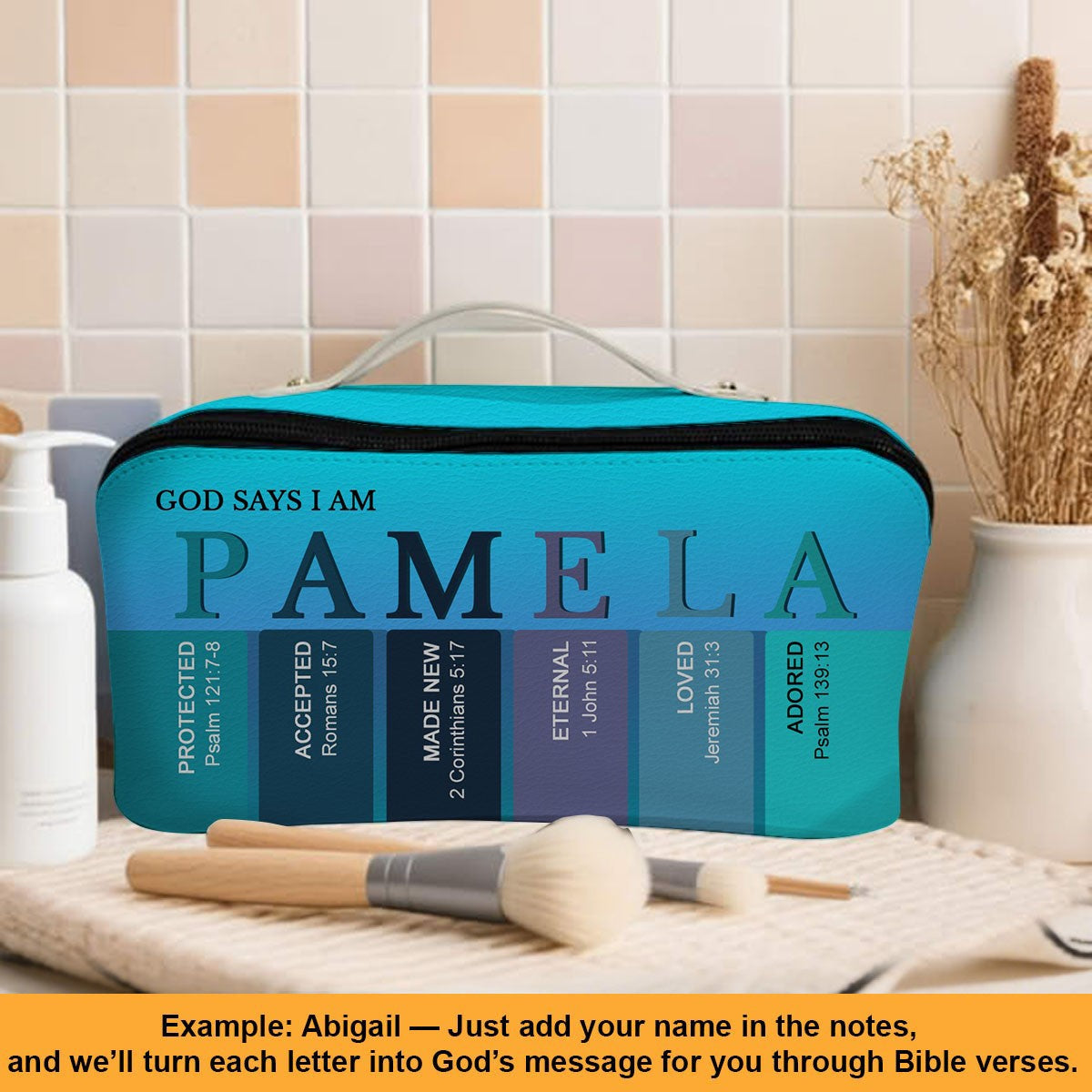 Personalized Christian Makeup Bag with Bible Verses – Custom Name Cosmetic Pouch by CHRISTIANARTBAG