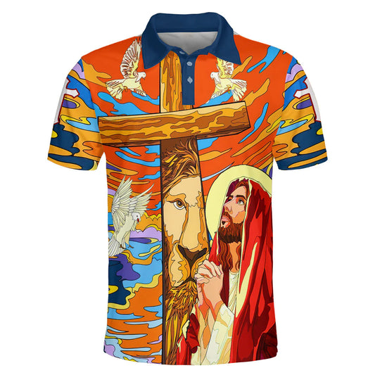 Christianartbag Polo Shirt, Lion Pray With Jesus On The Cross Polo Shirt, Christian Shirts & Shorts. - Christian Art Bag