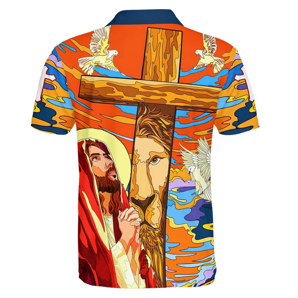Christianartbag Polo Shirt, Lion Pray With Jesus On The Cross Polo Shirt, Christian Shirts & Shorts. - Christian Art Bag