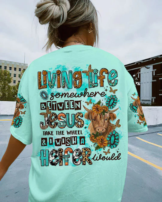 Christianartbag 3D T-Shirt For Women, Living Life Somewhere Between Jesus Cow Women's All Over Print, Christian Shirt, Faithful Fashion, 3D Printed Shirts for Christian Women, CABWTS01200923. - Christian Art Bag