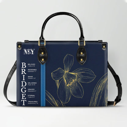 Personalized Leather Handbag with Name Meaning & Bible Verses – Birth Month Flower Design | Christian Gift for Women by CHRISTIANARTBAG
