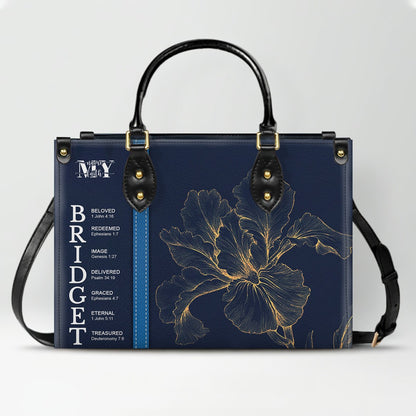 Personalized Leather Handbag with Name Meaning & Bible Verses – Birth Month Flower Design | Christian Gift for Women by CHRISTIANARTBAG