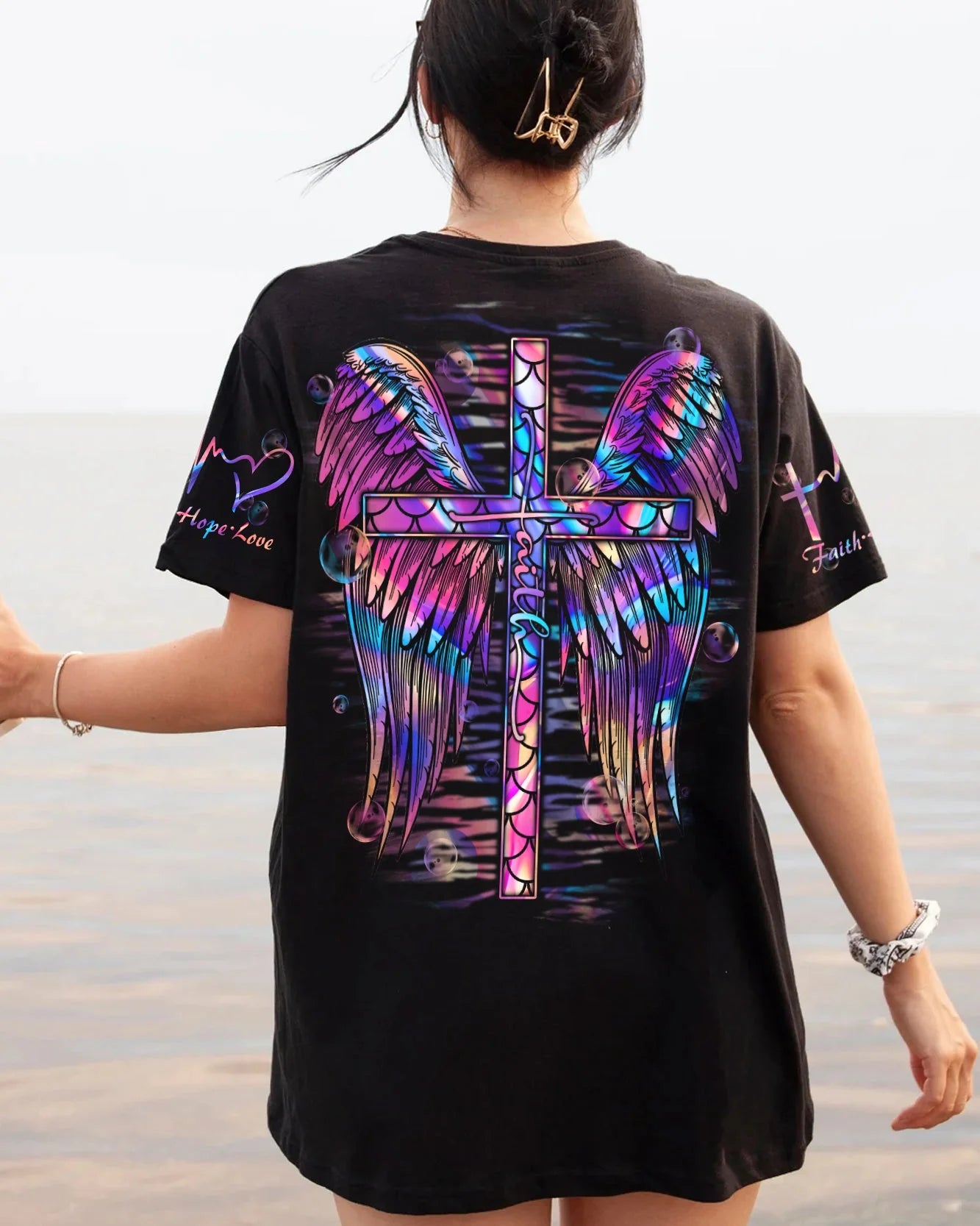 Christianartbag 3D T-Shirt For Women, Faith Cross Wings Mermaid Hologram,Christian Shirt, Faithful Fashion, 3D Printed Shirts for Christian Women - Christian Art Bag