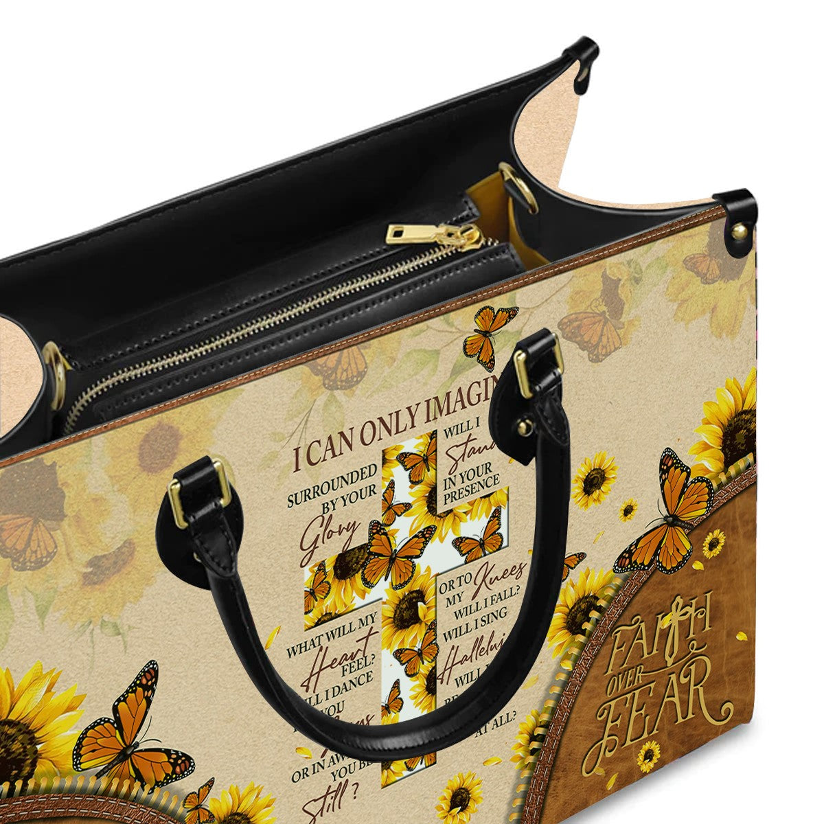 Christianartbag Handbags, I Can Only Imagine Leather Handbag, Butterfly Sunflower Cross Leather Handbag, Gifts for Women, CABLTB02311023. - Christian Art Bag