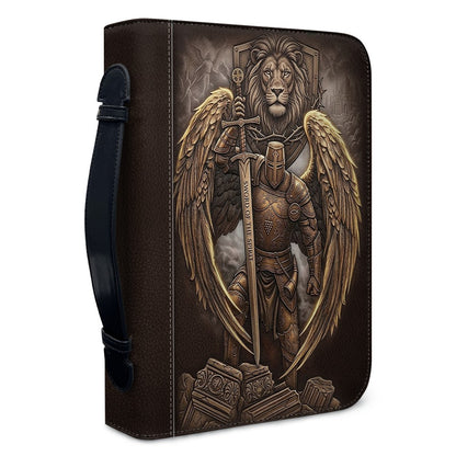 Personalized Leather Bible Cover for Men - Custom Name & Acrostic Bible Verses - Warrior of God Lion & Knight Design - Christian Gift for Him CAB4426