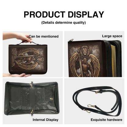 Personalized Leather Bible Cover for Men - Custom Name & Acrostic Bible Verses - Warrior of God Lion & Knight Design - Christian Gift for Him CAB4426