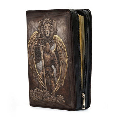 Personalized Leather Bible Cover for Men - Custom Name & Acrostic Bible Verses - Warrior of God Lion & Knight Design - Christian Gift for Him CAB4426
