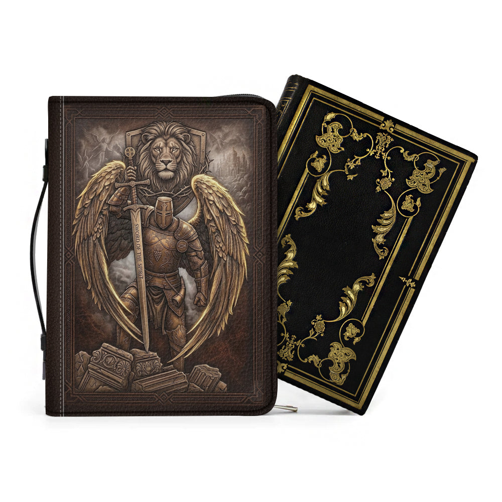 Personalized Leather Bible Cover for Men - Custom Name & Acrostic Bible Verses - Warrior of God Lion & Knight Design - Christian Gift for Him CAB4426