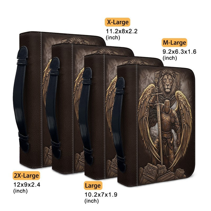 Personalized Leather Bible Cover for Men - Custom Name & Acrostic Bible Verses - Warrior of God Lion & Knight Design - Christian Gift for Him CAB4426
