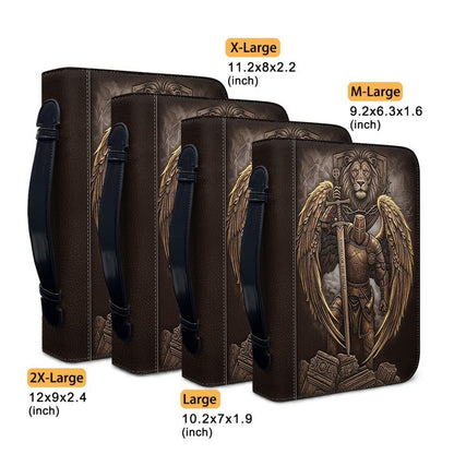Personalized Leather Bible Cover for Men - Custom Name & Acrostic Bible Verses - Warrior of God Lion & Knight Design - Christian Gift for Him CAB4426