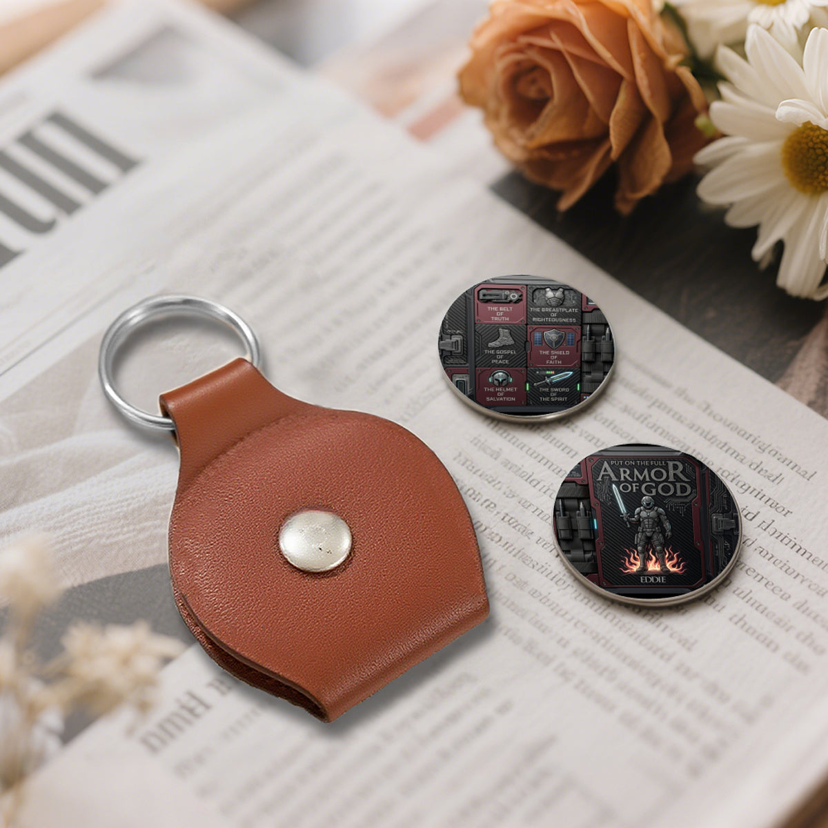 Personalized Armor of God Pocket Coin Keychain – Custom Double-Sided Religious Gift for Him