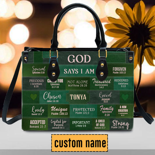 Christianartbag Handbags, God Says I Am Leather Handbag Green, Personalized Bags, Gifts for Women, Christmas Gift, CABLTB03240923. - Christian Art Bag